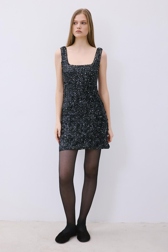 Askılı Payet Mini Siyah Elbise