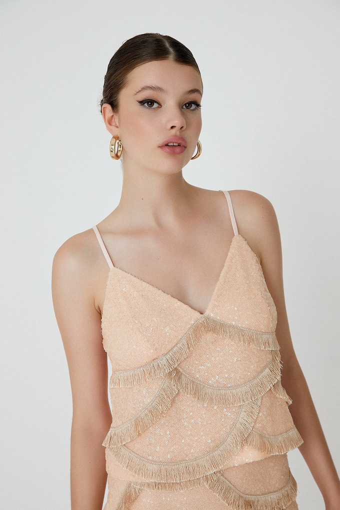 Askılı Payetli Pudra Bluz