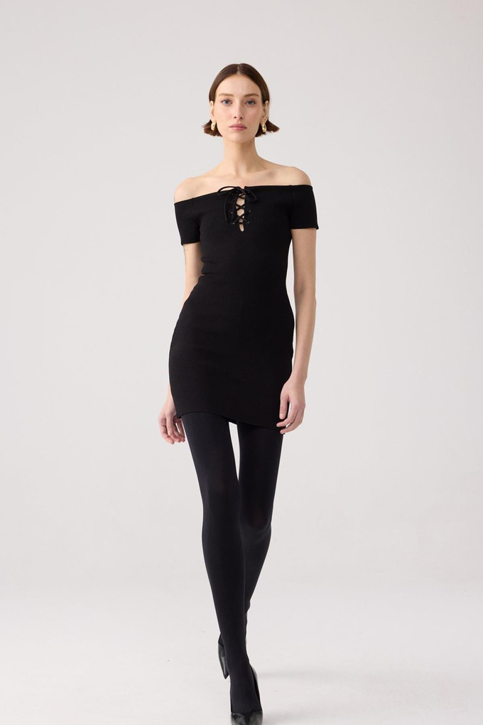 Laced Knit Black Mini Dress