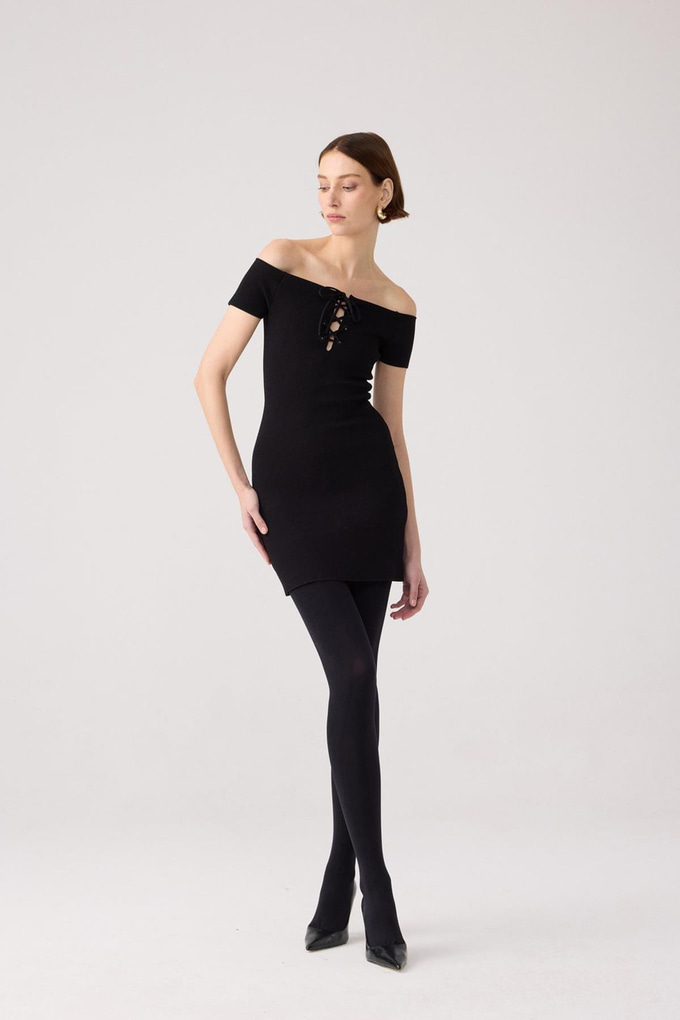 Laced Knit Black Mini Dress