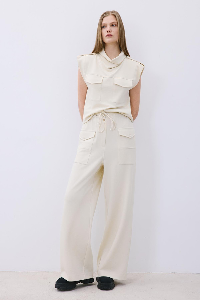 Ecru Wool-Blend Wide Leg Pants with Drawstring Waist