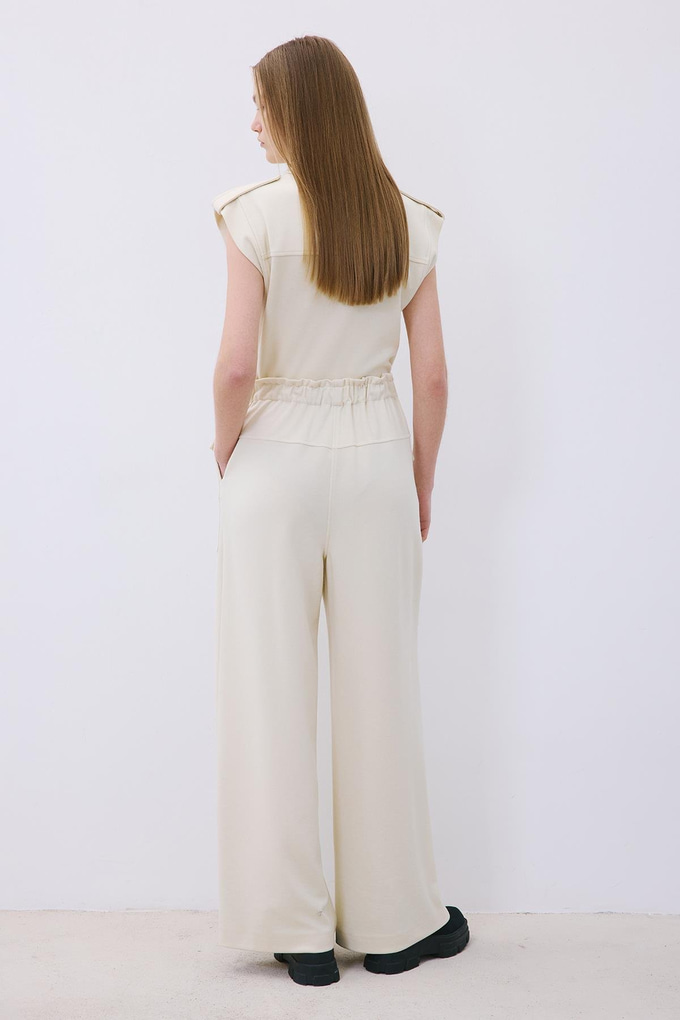 Ecru Wool-Blend Wide Leg Pants with Drawstring Waist