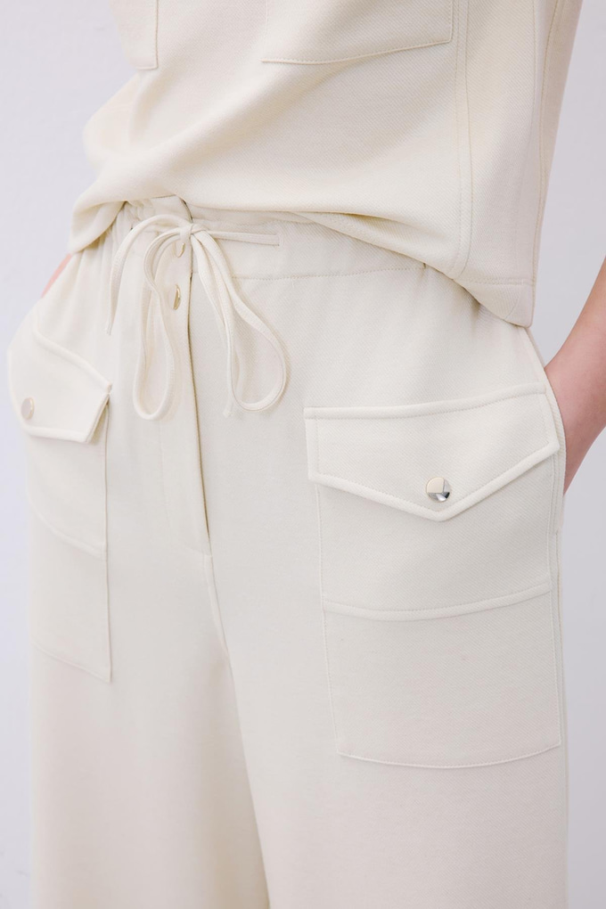 Ecru Wool-Blend Wide Leg Pants with Drawstring Waist