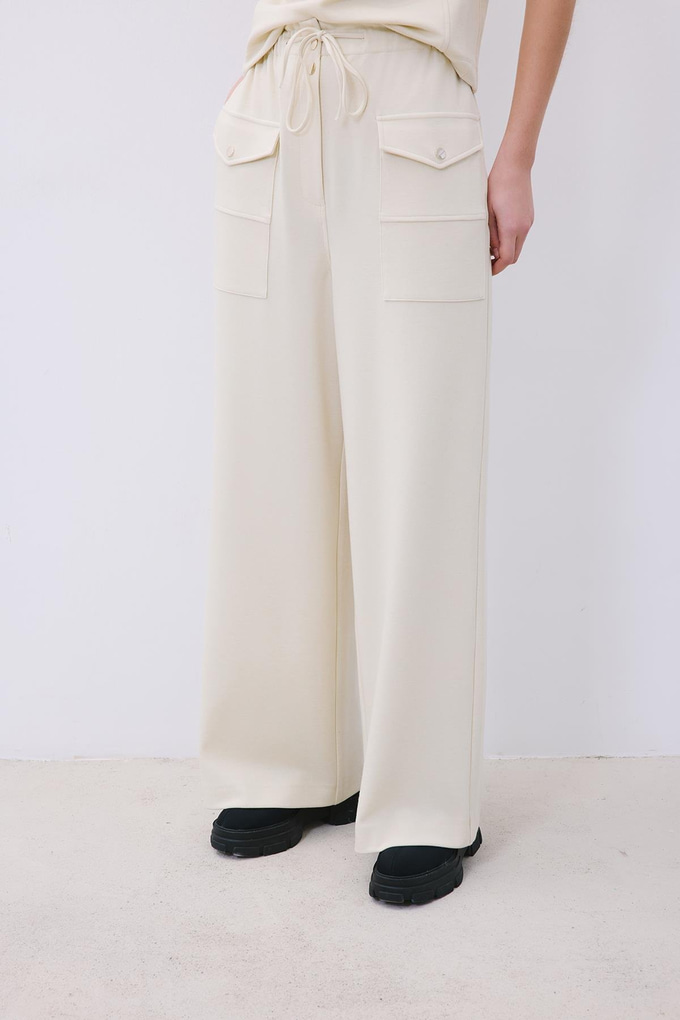 Ecru Wool-Blend Wide Leg Pants with Drawstring Waist