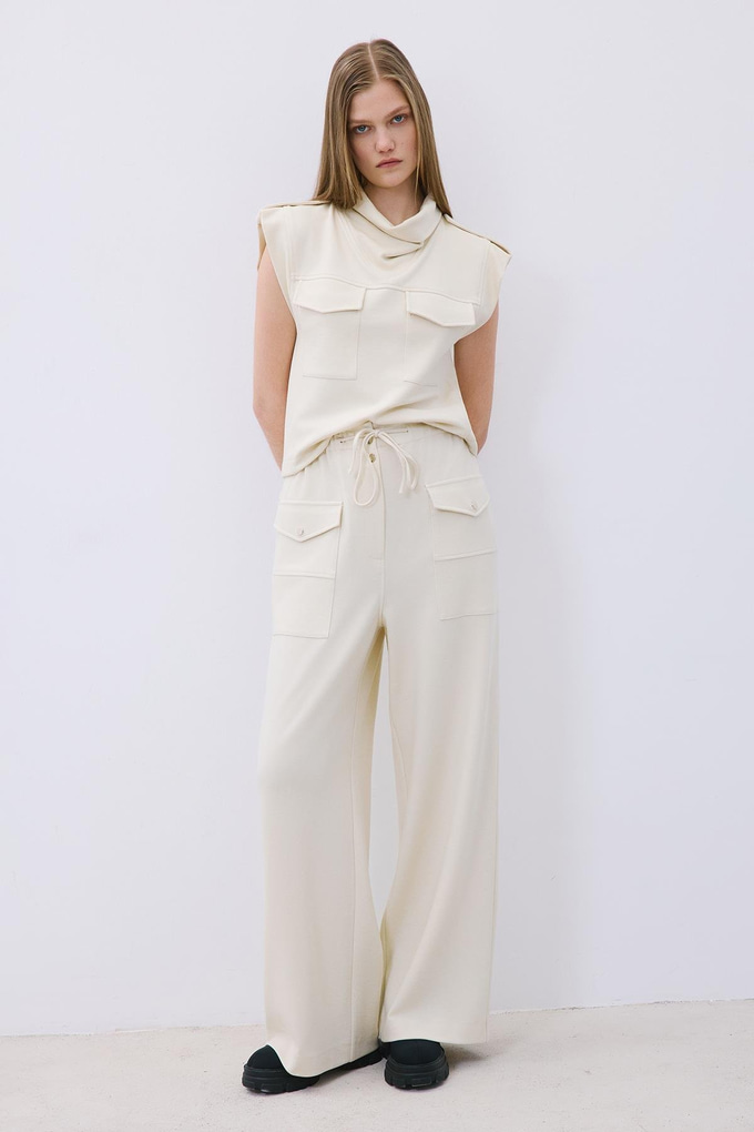 Ecru Wool-Blend Wide Leg Pants with Drawstring Waist