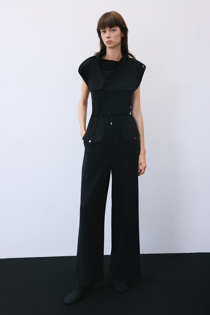 Black Wool-Blend Wide Leg Pants with Drawstring Waist