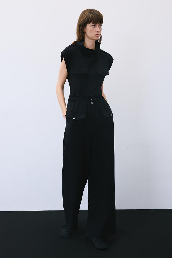 Black Wool-Blend Wide Leg Pants with Drawstring Waist