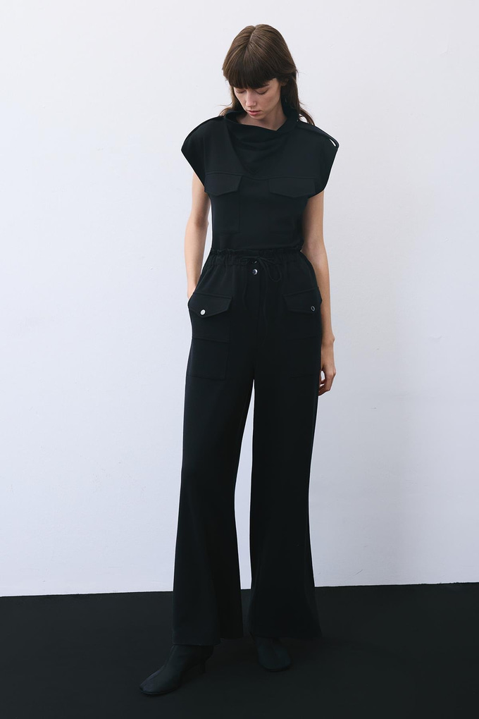 Black Wool-Blend Wide Leg Pants with Drawstring Waist