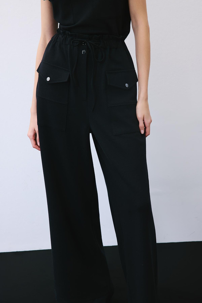 Black Wool-Blend Wide Leg Pants with Drawstring Waist