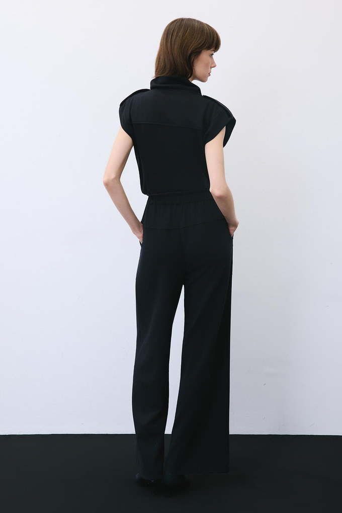 Black Wool-Blend Wide Leg Pants with Drawstring Waist