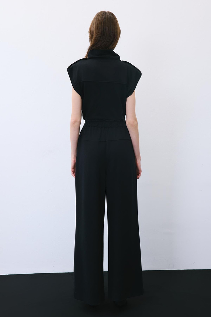 Black Wool-Blend Wide Leg Pants with Drawstring Waist