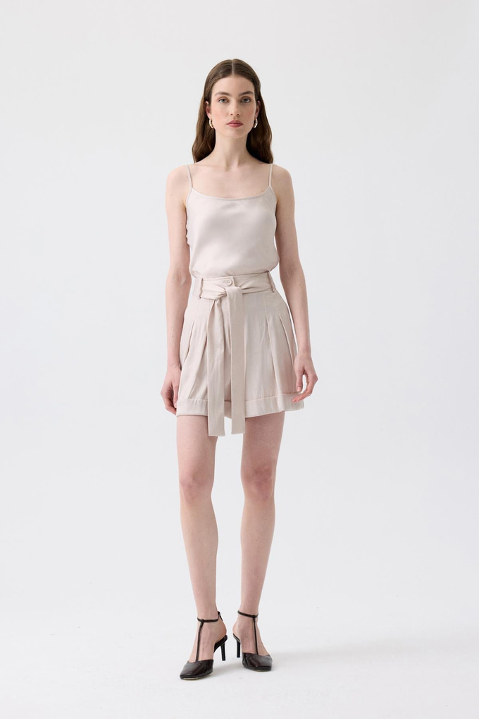 Tie-Belt Relaxed Fit Ecru Mini Shorts