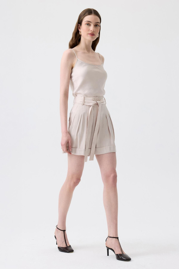 Tie-Belt Relaxed Fit Ecru Mini Shorts