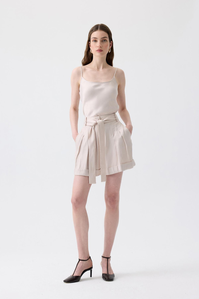 Tie-Belt Relaxed Fit Ecru Mini Shorts
