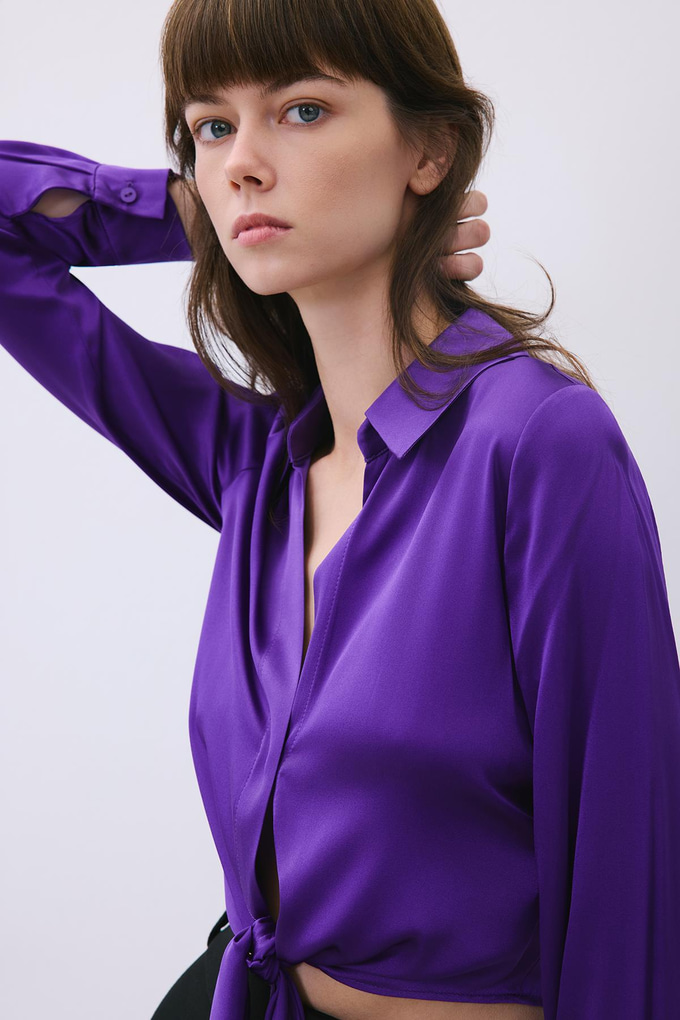 Silk Tie-Front Crop Purple Shirt Blouse  