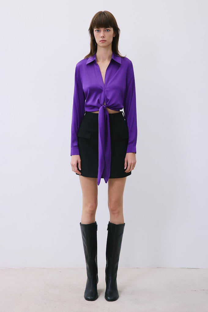 Silk Tie-Front Crop Purple Shirt Blouse  