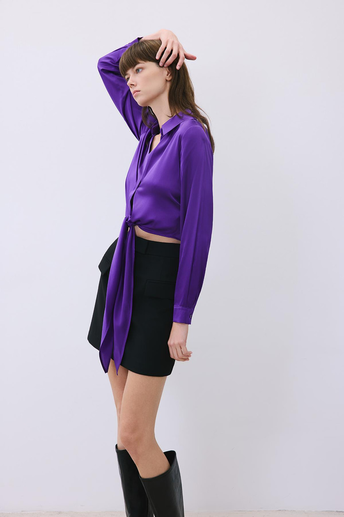 Silk Tie-Front Crop Purple Shirt Blouse  
