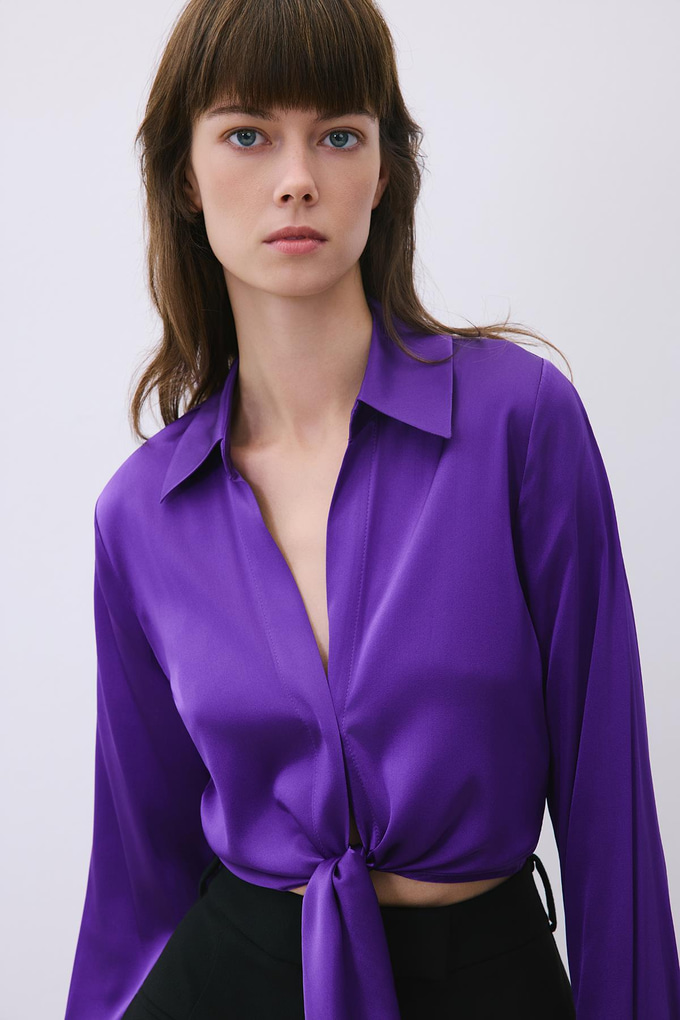 Silk Tie-Front Crop Purple Shirt Blouse  