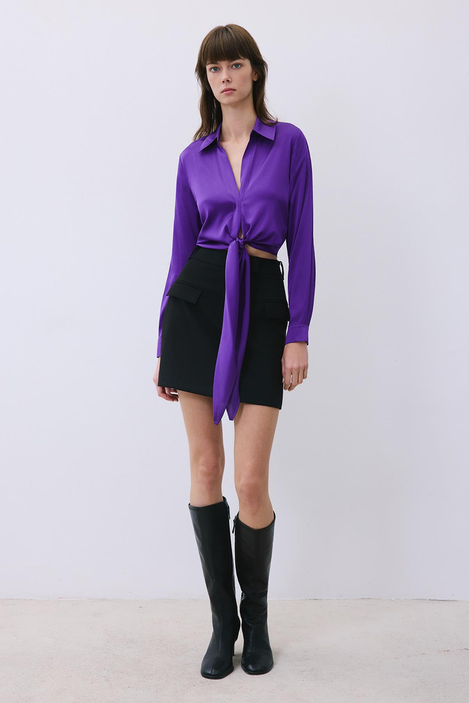 Silk Tie-Front Crop Purple Shirt Blouse  