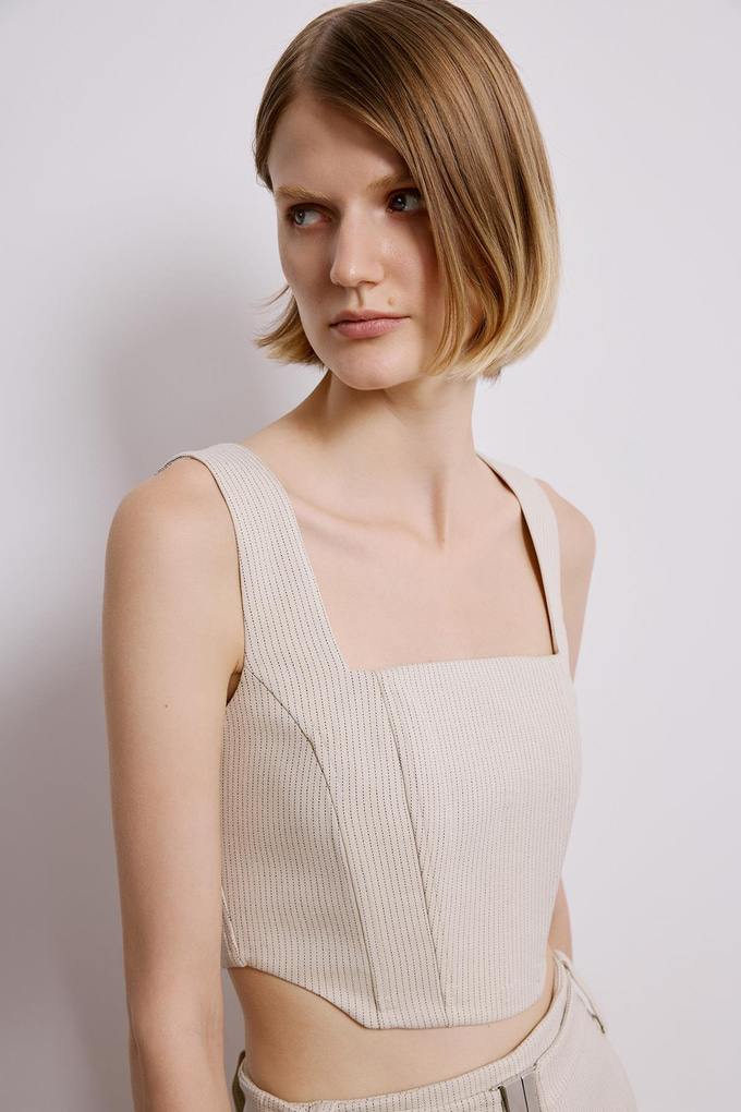 Ecru Striped Crop Bustier With Boning