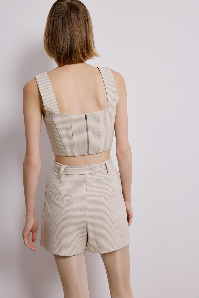 Ecru Striped Crop Bustier With Boning