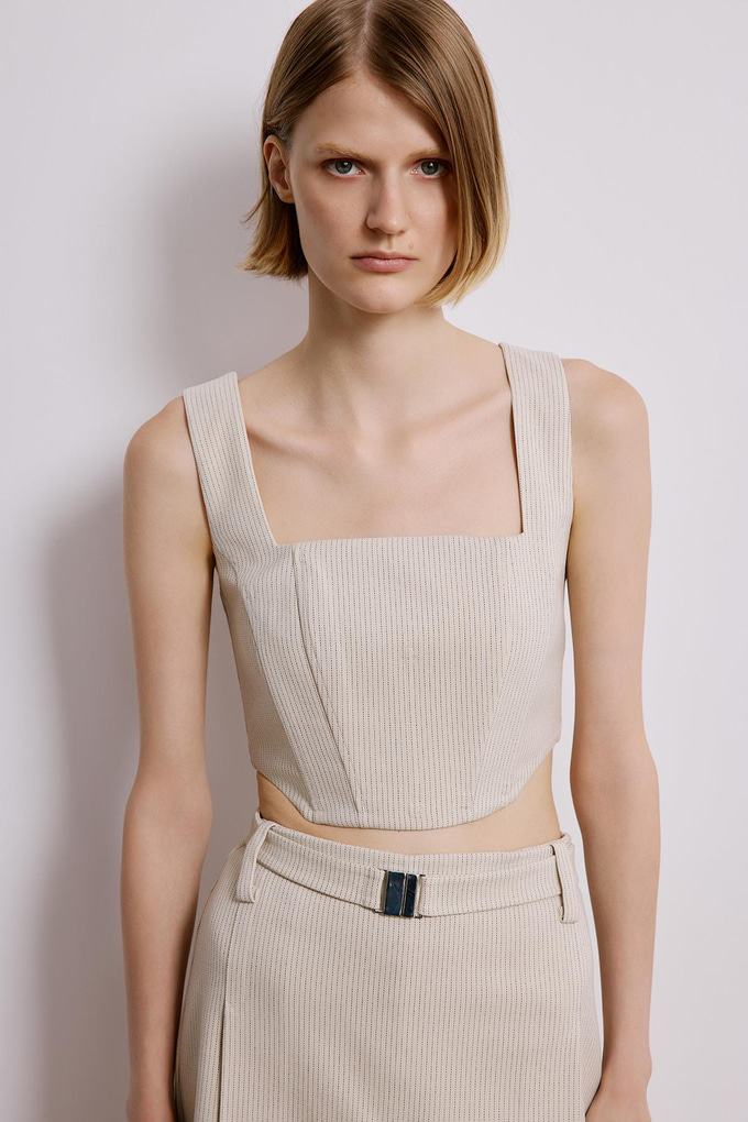 Ecru Striped Crop Bustier With Boning
