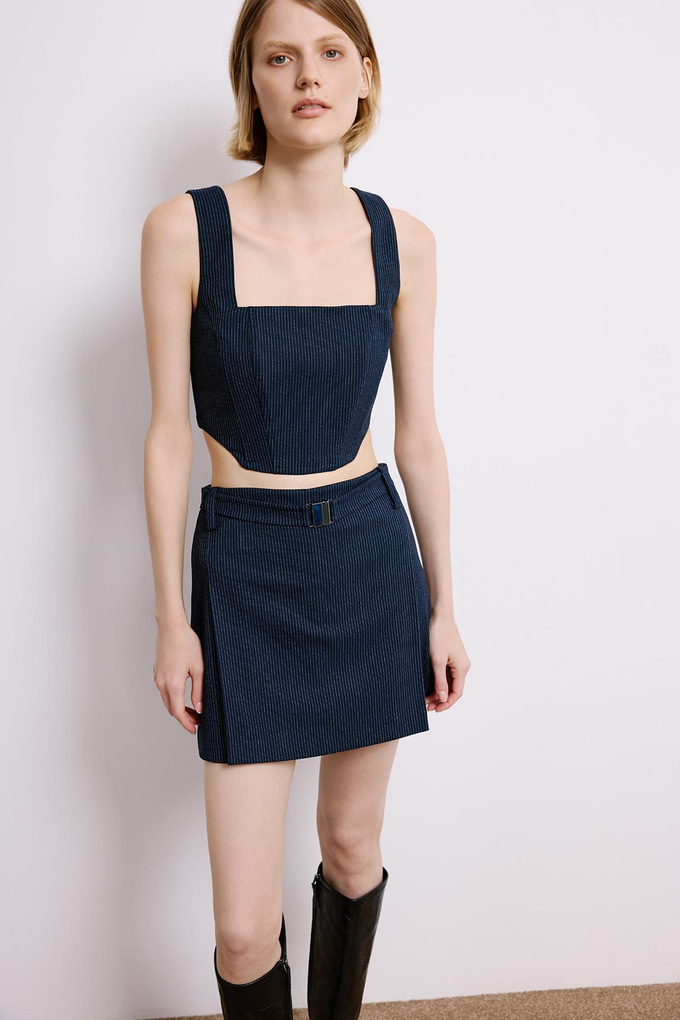 Navy Striped Crop Bustier With Boning