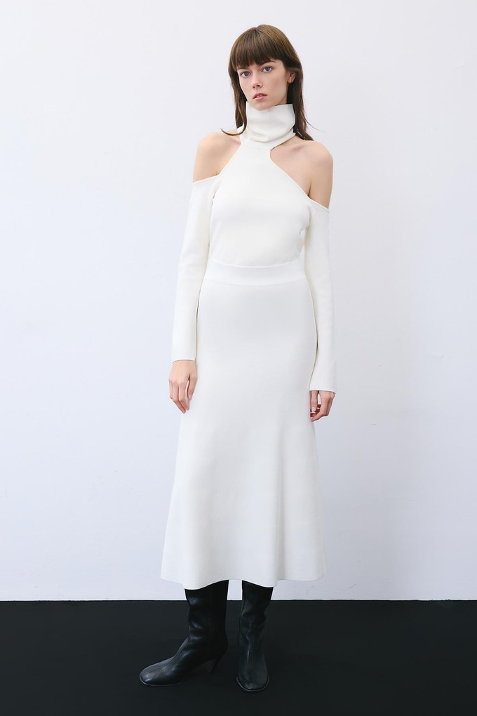 Ecru Knit Midi Skirt with Elastic Waist