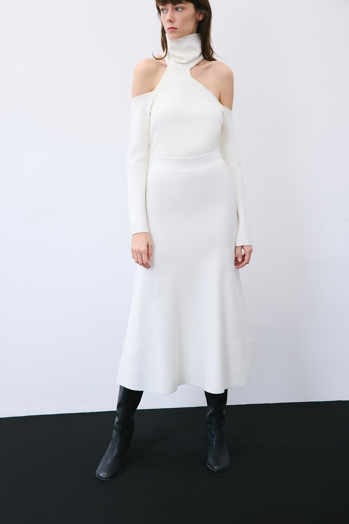 Ecru Knit Midi Skirt with Elastic Waist