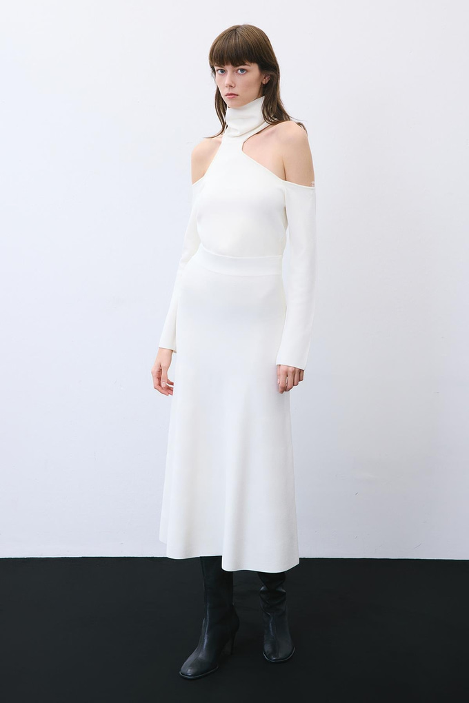 Ecru Knit Midi Skirt with Elastic Waist