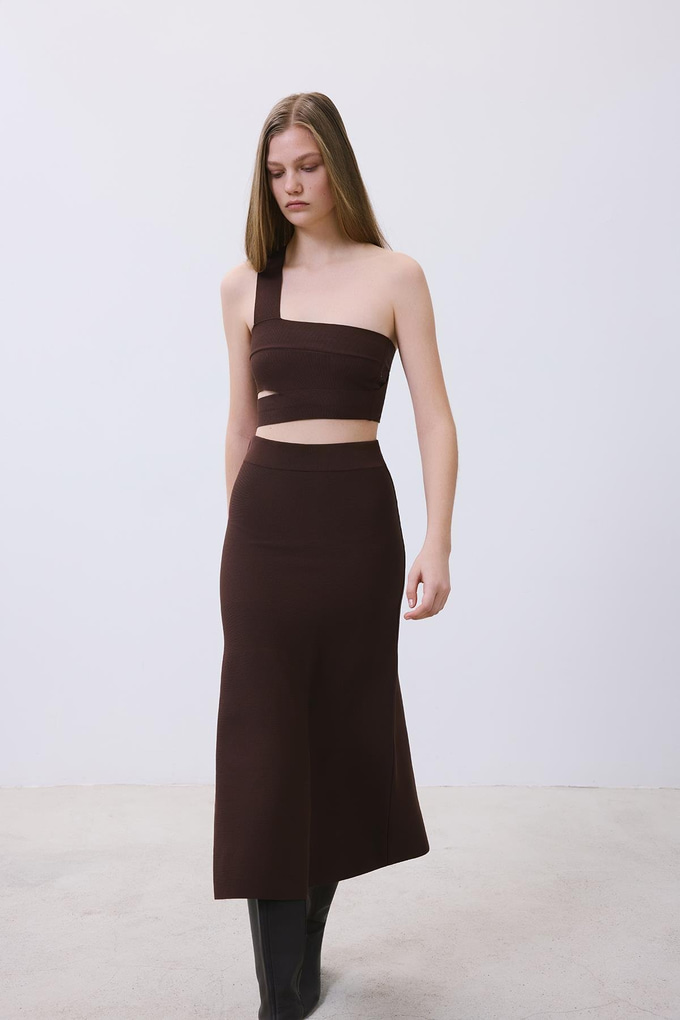 Brown Knit Midi Skirt with Elastic Waist