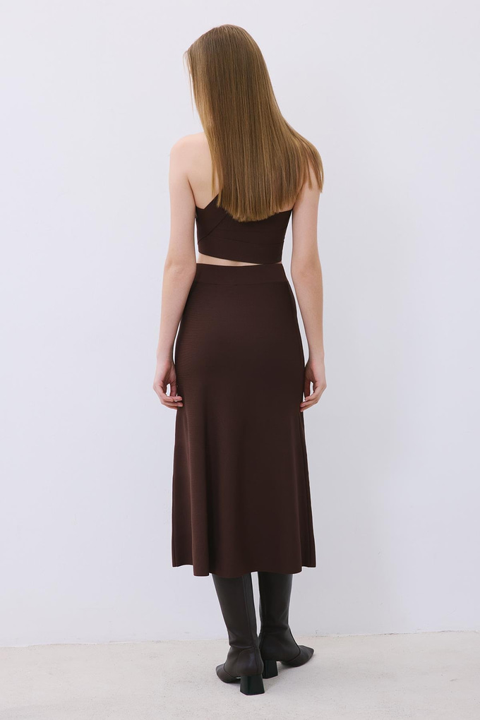 Brown Knit Midi Skirt with Elastic Waist