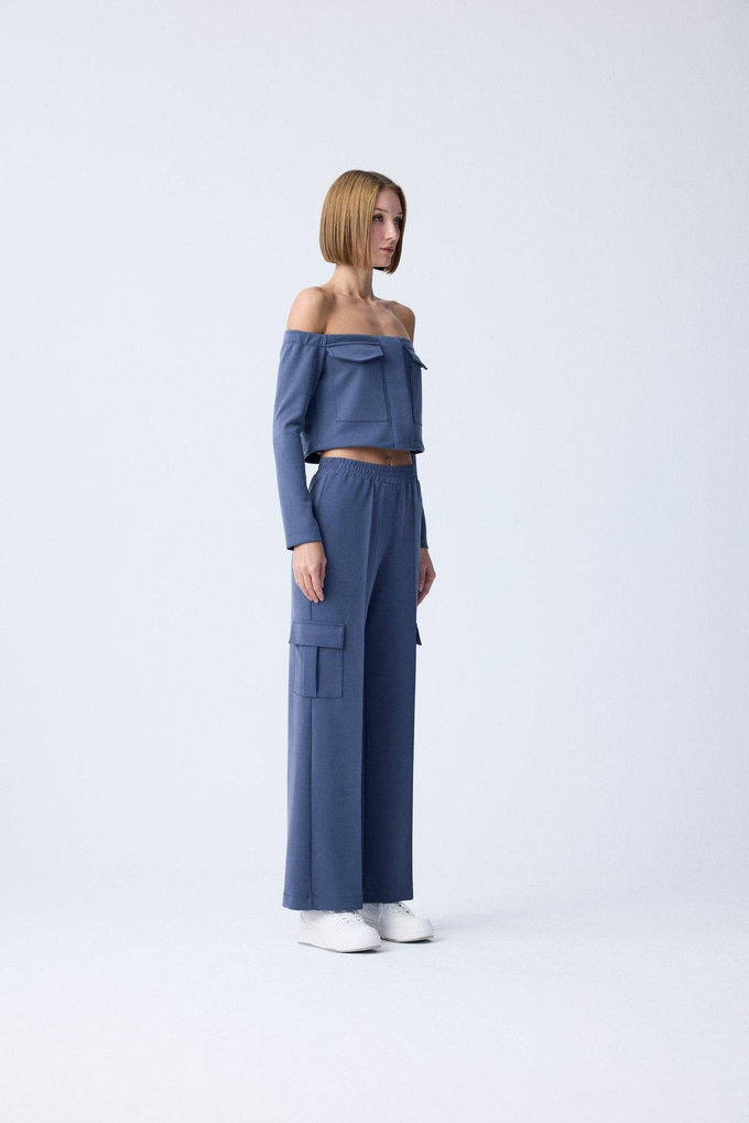 Beli Lastikli Örme Mavi Pantolon