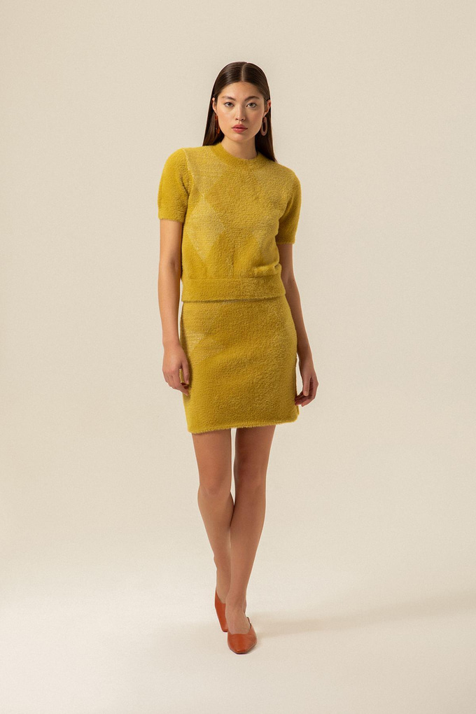 Block Pattern Mini Green Knit Skirt