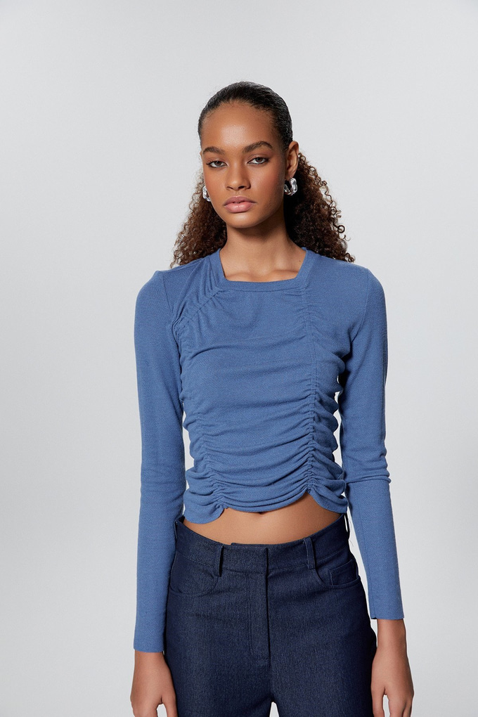 Büzgü Detaylı İndigo Crop Kazak