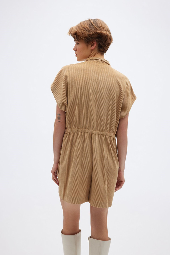 Cep Detaylı Fitilli Kadife Camel Tulum