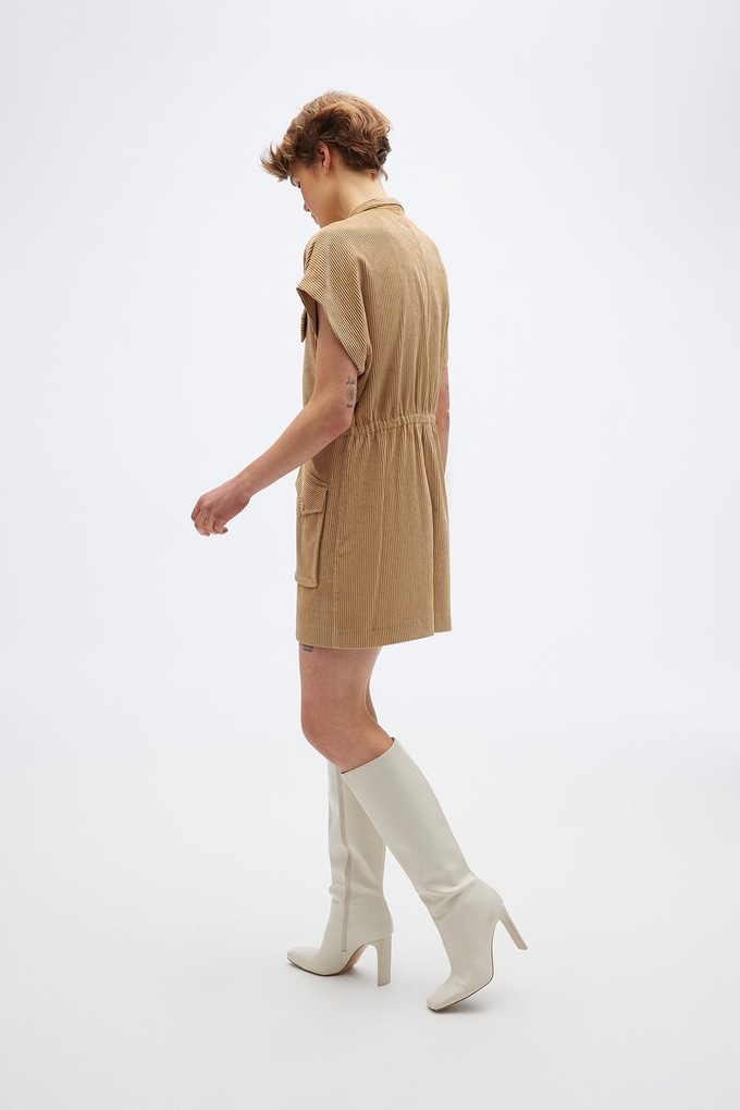 Cep Detaylı Fitilli Kadife Camel Tulum
