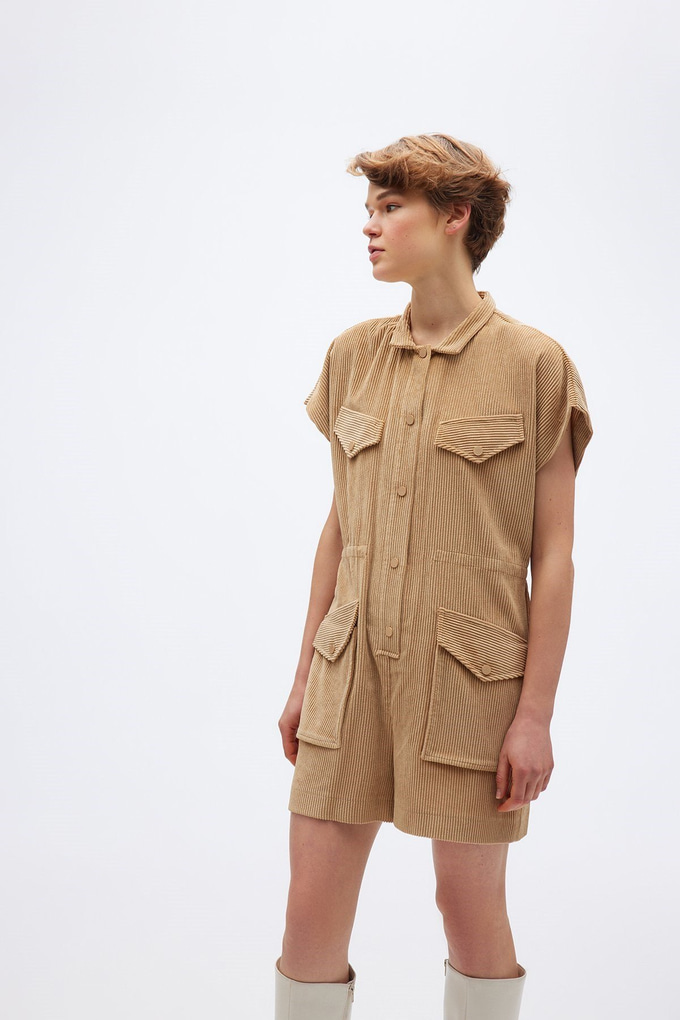 Cep Detaylı Fitilli Kadife Camel Tulum
