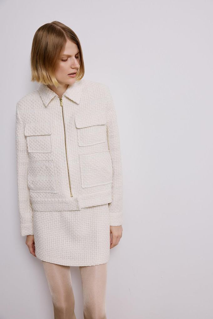 Ecru Tweed Blazer With Snap Pockets