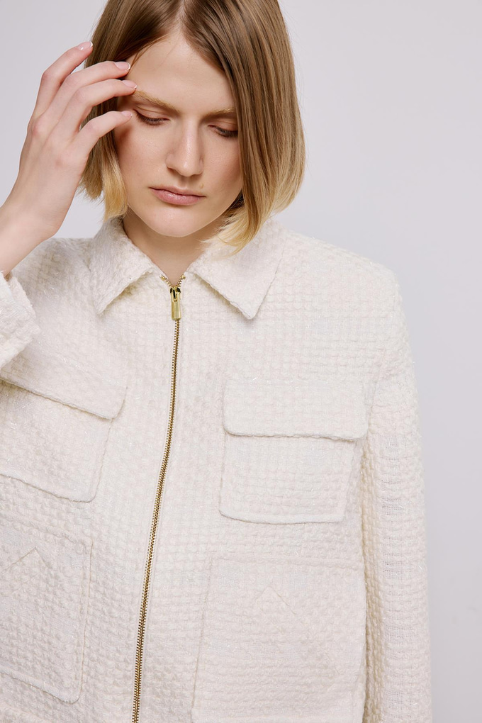 Ecru Tweed Blazer With Snap Pockets