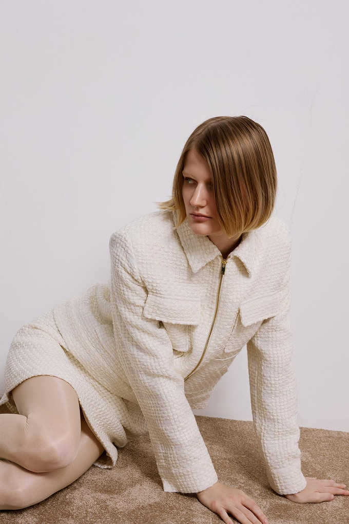 Ecru Tweed Blazer With Snap Pockets