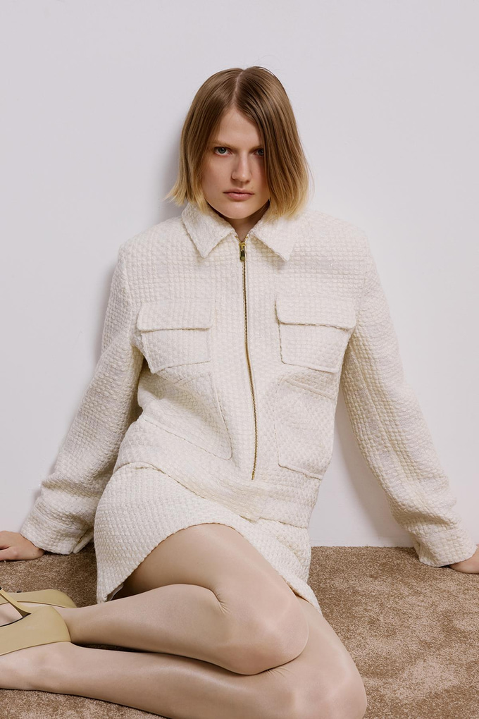 Ecru Tweed Blazer With Snap Pockets