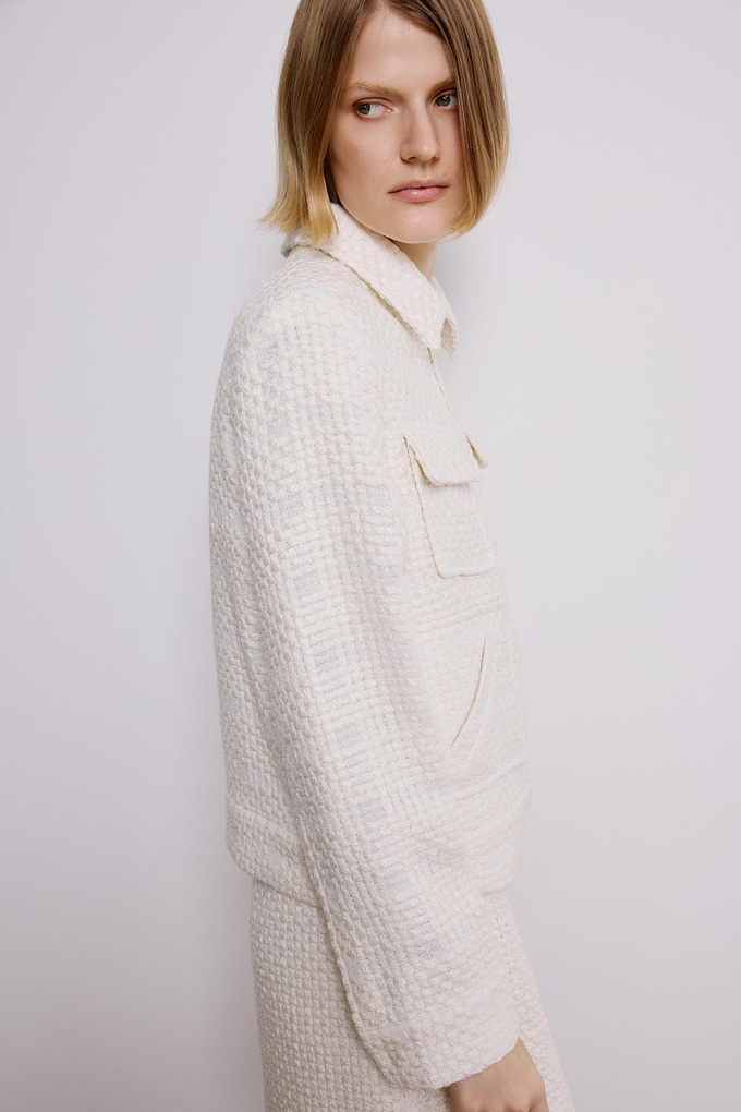 Ecru Tweed Blazer With Snap Pockets