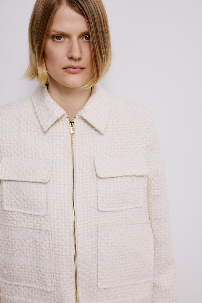 Ecru Tweed Blazer With Snap Pockets