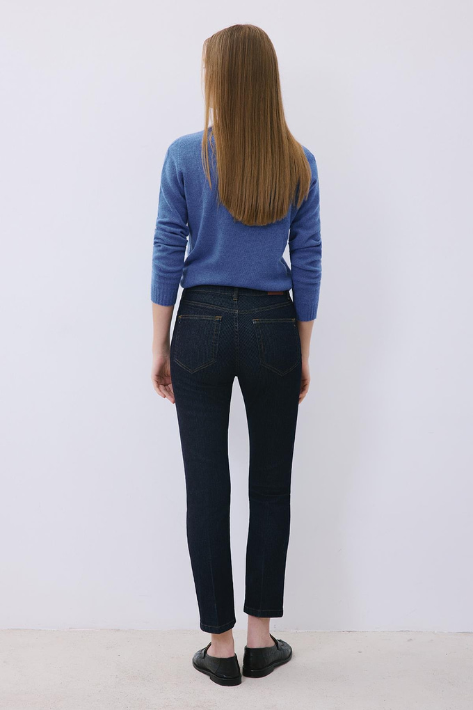 Navy Striped Denim High Waist Pants