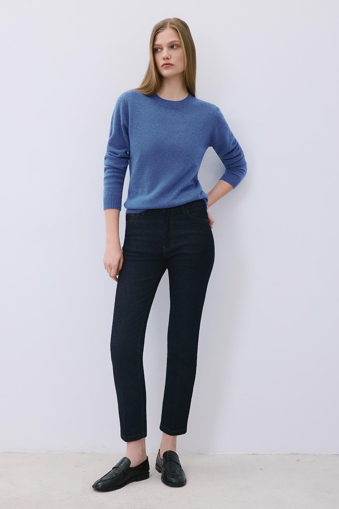 Navy Striped Denim High Waist Pants