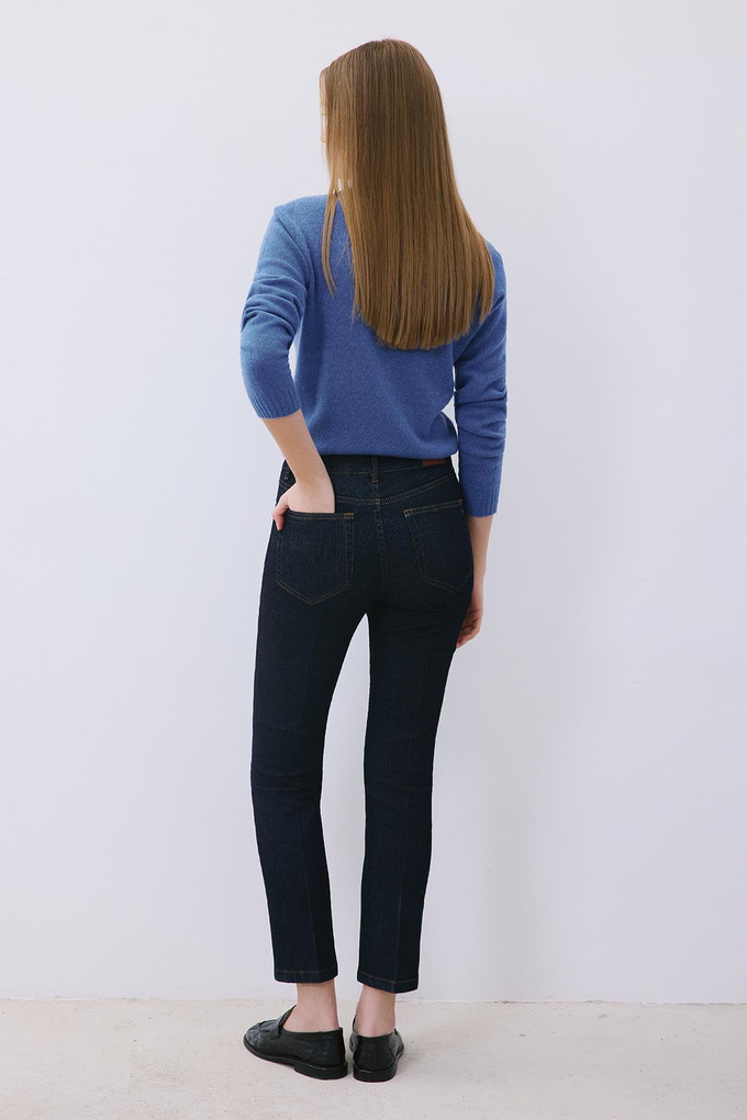Navy Striped Denim High Waist Pants