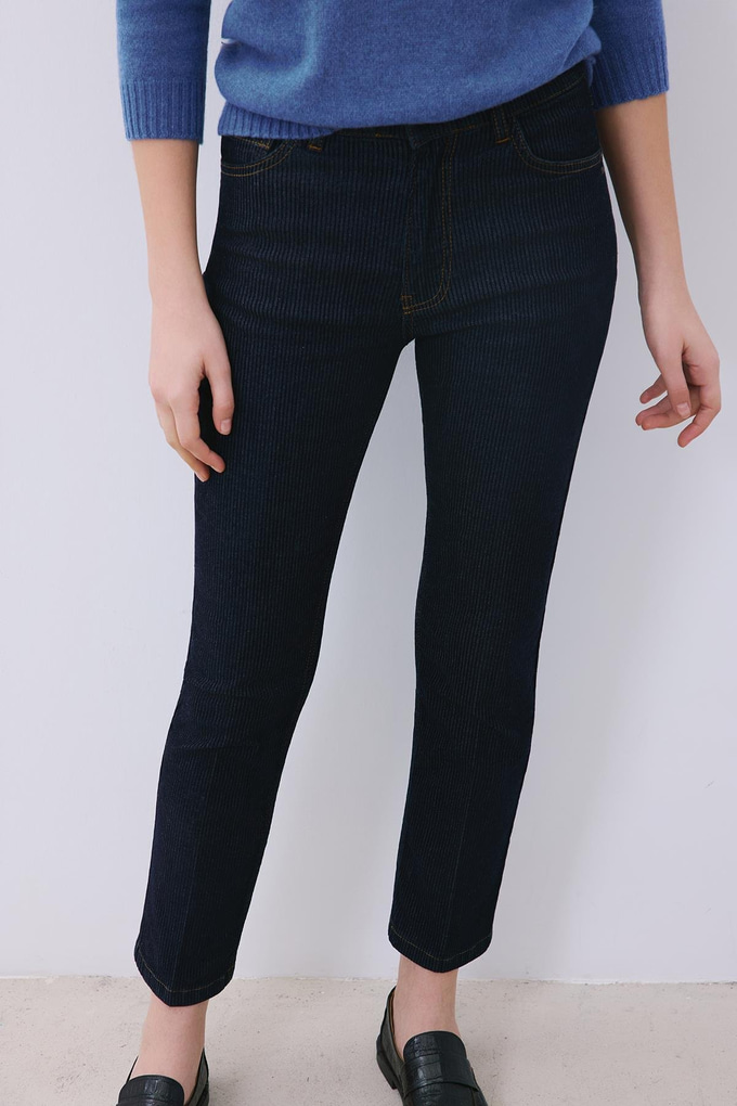 Navy Striped Denim High Waist Pants