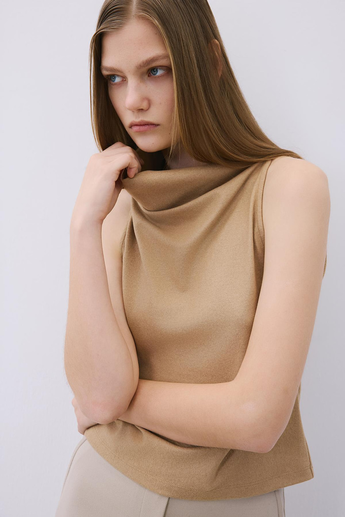 Draped Neck Wool Camel Blouse  