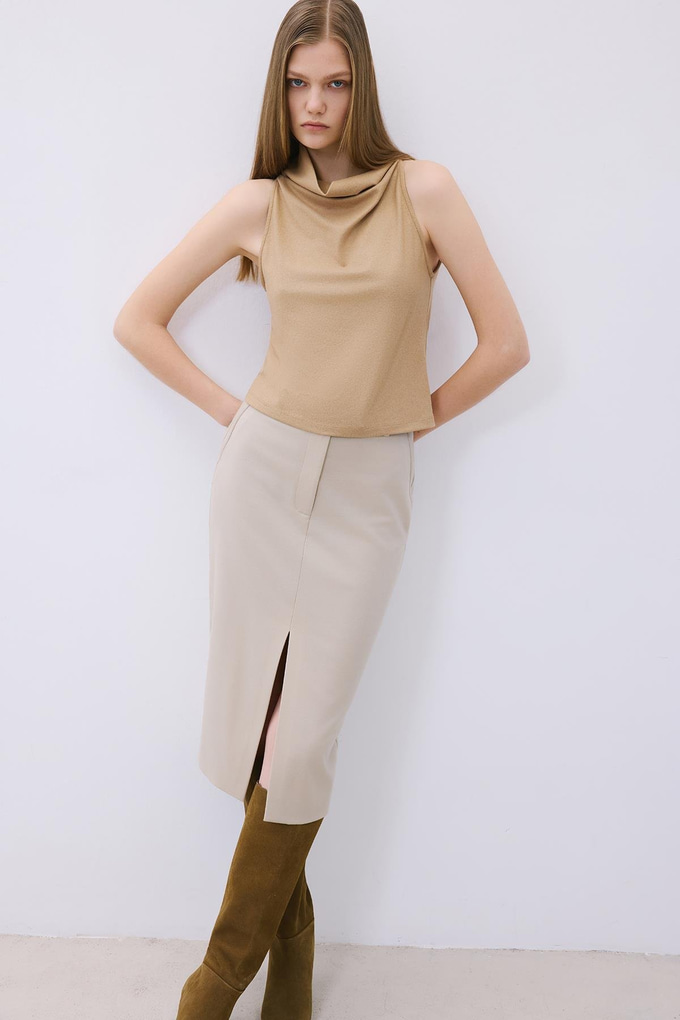 Draped Neck Wool Camel Blouse  